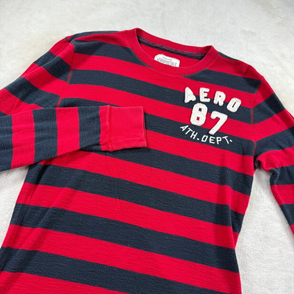 Aeropostale Thermal Shirt Mens Med Red Navy Blue Striped Waffle Knit Crew Neck
